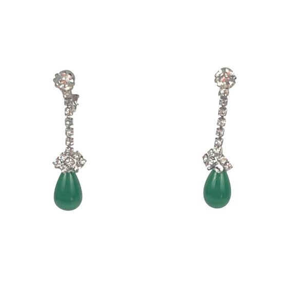 Kramer Green Teardrop Clip-On Earrings With Rhinestones - Picture 8 of 9